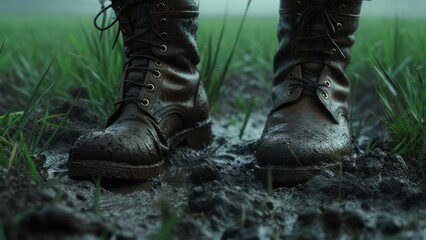 Muddy Boots in Grassy Field: Close-up of Leather Footwear, Adventure, Nature.