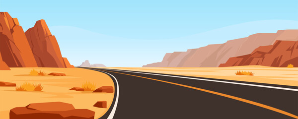 Beautiful road in the desert with canyons in the background. Road in the desert among red mountains and rocks. Vector illustration of a desert road among sandy rocks. Asphalt highway. © Evgeniia