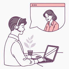 Male support agent wearing headset typing on laptop talking to woman on screen vector