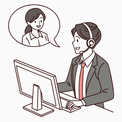 Man in suit with headset talks to woman in speech bubble business communication