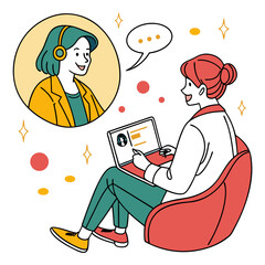 Online consultation with woman wearing headphones and laptop communication technology