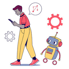 Man with smartphone and cute robot companion technology artificial intelligence