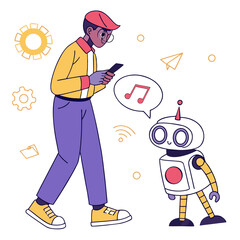 Man with smartphone and robot with music note technology