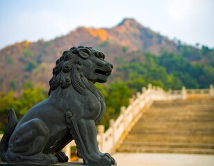 Stone lion statue in Asian landscape