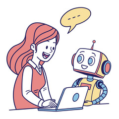 Woman and robot collaborating on laptop collaboration technology