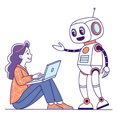Woman and robot interacting with laptop technology interaction