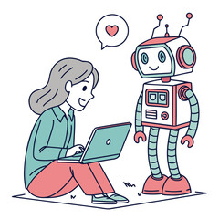 Woman and robot interacting with laptop technology interaction