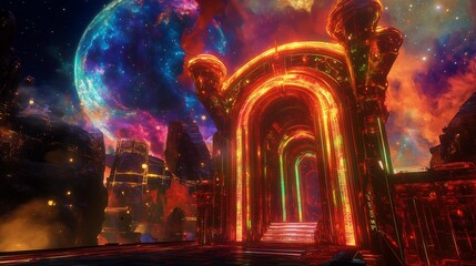 Obraz premium Futuristic 5D temple with holographic walls and pulsing neon patterns set in a celestial realm The temples radiant architecture shimmers against a backdrop of galaxies and stars