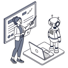Woman presenting to robot with laptops presentation technology