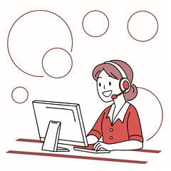 Cheerful woman with headset working on computer customer service smiling