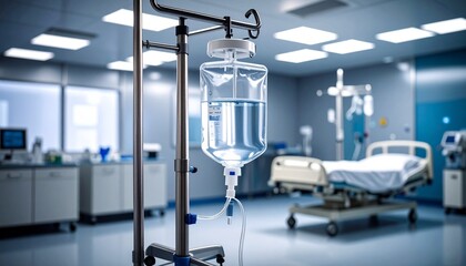 Modern hospital room with a blue IV drip in focus; sterile, well-lit environment featuring medical beds