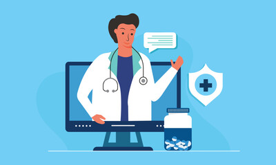 Male doctor consults online by video call on computer