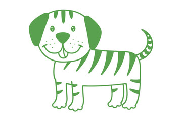 Smiling dog with stripes and a curly tail is depicted in green color