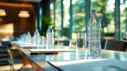 A table set up for a seminar or business meeting in the hotel conference room includes plastic water bottles, drinking glasses with pencils, and white papers