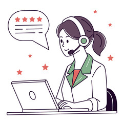 Woman customer service representative with headset and laptop communication support