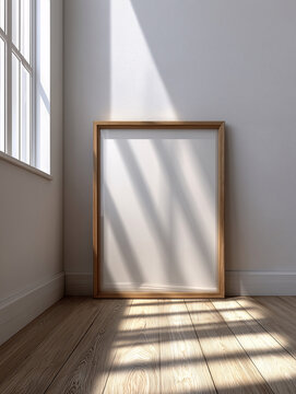 A thin light wooden picture frame leaning against the wall on the floor with a white background