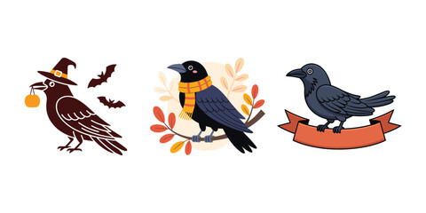 Vector art of three crows with halloween and autumn themes, one wearing a witch hat and holding a pumpkin, another with a scarf, and one on a banner, autumn vector clipart