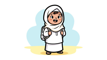 Naklejka premium Cute Muslim girl in hijab and white dress carrying a backpack, ready for school or travel