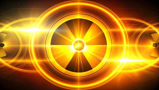 Glowing nuclear symbol with bright orange light, representing energy and radiation.