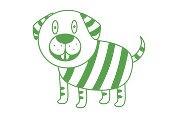 Green striped cartoon dog displays its two teeth in an eyelevel full shot