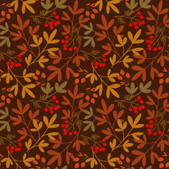 Seamless Autumn Floral Pattern with Fall Foliage and Red Berries on Brown Background