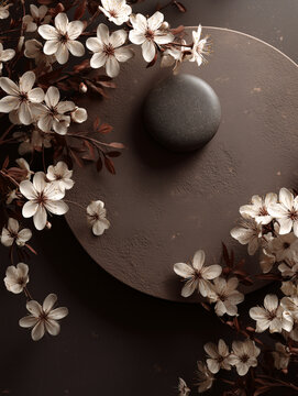 Product background a flat podium in a brown color with white flowers, a round stone in the center of the frame in the style of Japanese minimalism