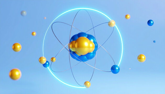 A 3D rendering of an atom with a cloud-like nucleus, surrounded by orbiting spheres, on a light blue background.