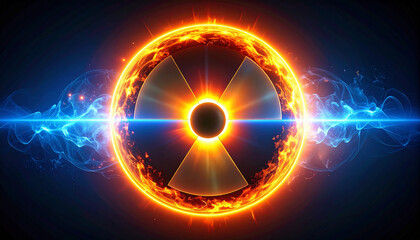 A vibrant and artistic depiction of a nuclear symbol with energy effects.