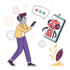 Young man interacting with robot on phone headphones communication