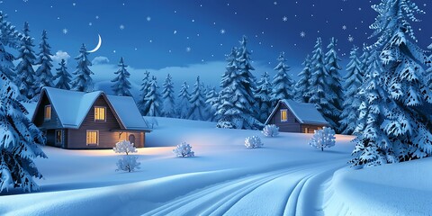 Peaceful winter night scene with cozy wooden cabins, glowing lights, snowy forest trees, crescent moon and starry sky