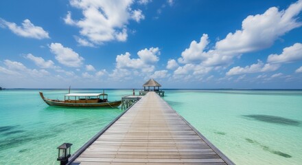 Obraz premium Idyllic Tropical Paradise Pier Over Turquoise Ocean Waters