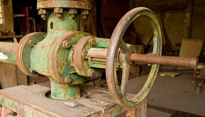 Rusted green metal valve assembly with large wheel.