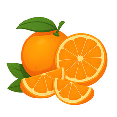 Fresh ripe oranges and slices with green leaves on black background