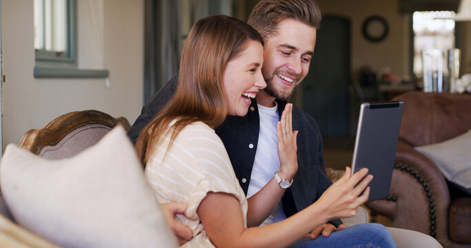 Happy couple, engagement ring and video call on tablet in house living room for announcement. Smile, celebrate or excited people speaking online for relationship, marriage and virtual chat together
