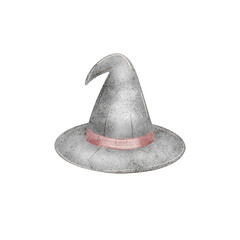Black witch hat, magic. Watercolor illustration for mystical Halloween hand drawn in children's style. Picture isolated from background for design of postcard, poster, invitation to holiday, clothes