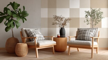 Cozy modern living room with wooden chairs, plants, and minimalist decor.