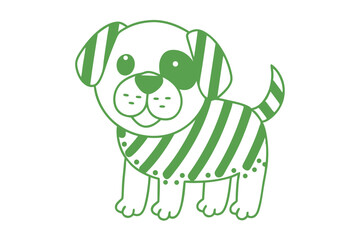 Illustrated cartoon puppy displays green stripes with polka dots, looking forward with a cute expression