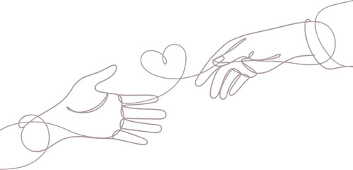 Obraz premium Hands Reaching Out, Love Connection, One Line Art, Minimalist Style, White Background
