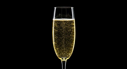 A champagne flute filled with sparkling liquid against a black background