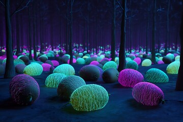 Glowing forest floor with colorful seed pods in a surreal dark woodland landscape scene