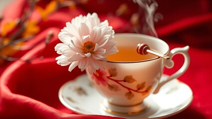 A delicate white porcelain teacup with chrysanthemum blossoms, steaming golden tea against a blurred red silk background.