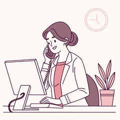 Woman talking on phone at desk with computer and plant flat design office worker