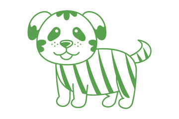 Smiling green striped dog stands cheerfully on a white background with a playful expression