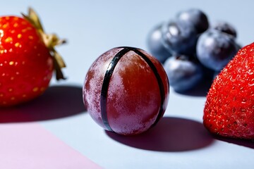 Fresh strawberries blueberries and a grape with black stripes on a colorful background