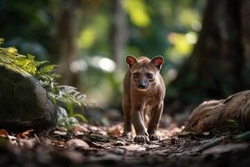 Naklejka premium A brown-furred fossa predator walking on the forest floor of Madagascar