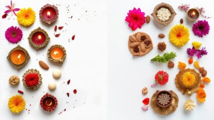 Vibrant Diwali Celebration Arrangement: Lit Diyas, Fresh Flowers, and Traditional Sweets