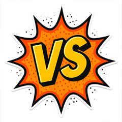 Bold yellow vs letters inside a fiery orange starburst against a black background