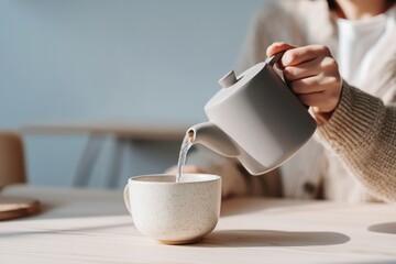 Woman pouring hot water from modern teapot into ceramic cup at wooden table in bright interior