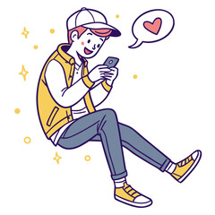 Cheerful young man with phone and heart bubble cartoon texting