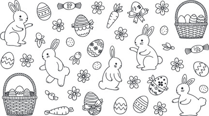 Whimsical easter line art featuring bunnies baskets and decorated eggs for festive crafting